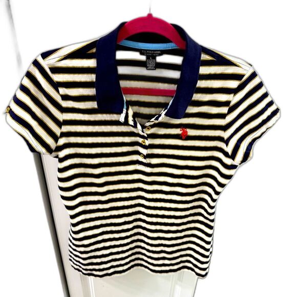 US Polo Women Striped Polo Tee Shirt Blue White Large Stretch Short sleeve - Picture 1 of 6